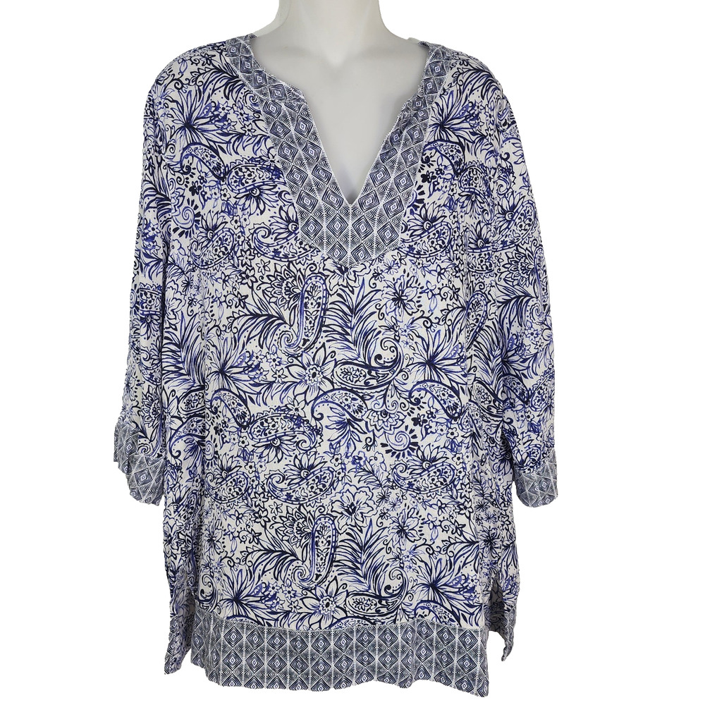 Sigrid Olsen Tunic Top Size Large Blue Floral 3/4 Sleeve 100% Linen V Neck Beach
